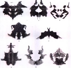 Random inkblots that people have to interpret and a scored by psychologists